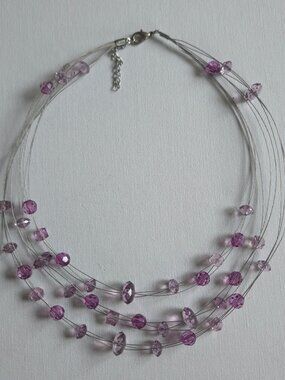 Purple Faceted Crystal Illusion Necklace Multi Strand Layered Floating Choker